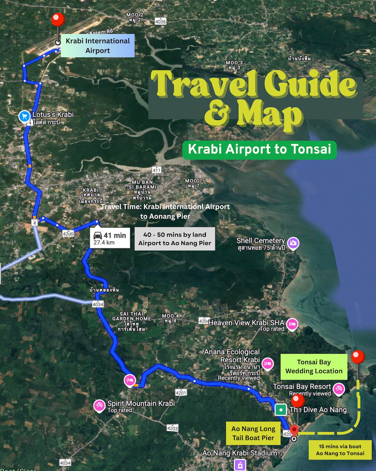 Travel Map from Krabi Airport to Ao Nang to Ton Sai